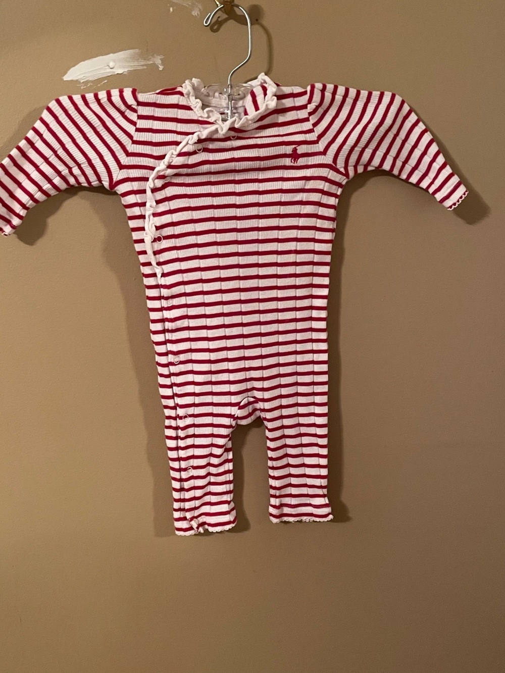 Ralph Lauren Red and White Striped Ribbed Baby One-Piece
